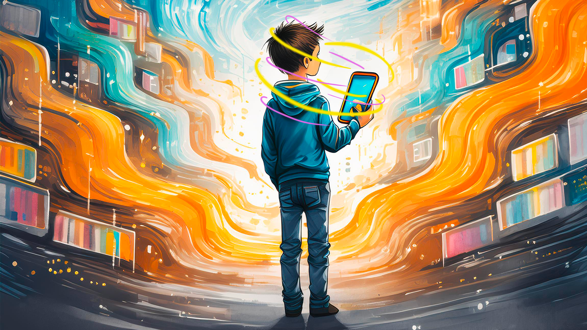 Un ragazzo sta al cellulare e scopre il mondo digitale